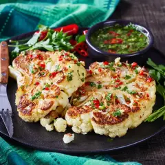 Szybkie danie z kalafiora: pieczone steki z kalafiora z sosem chimichurri, posypane chili i pietruszką.