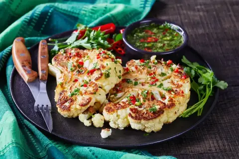 Szybkie danie z kalafiora: pieczone steki z kalafiora z sosem chimichurri, posypane chili i pietruszką.