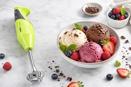 Pyszne domowe lody: waniliowe, czekoladowe i malinowe, ozdobione owocami i miętą. Obok zielony blender ręczny.
