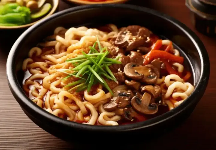 Pyszny makaron udon z grzybami, mięsem i szczypiorkiem. Idealny przepis na szybki obiad.