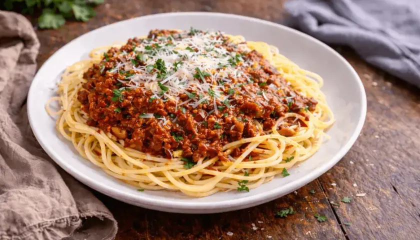 Pyszne spaghetti bolognese, idealne na prosty przepis. Danie posypane parmezanem i natką pietruszki.