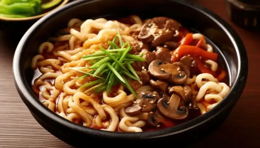 Pyszny makaron udon z grzybami, mięsem i szczypiorkiem. Idealny przepis na szybki obiad.
