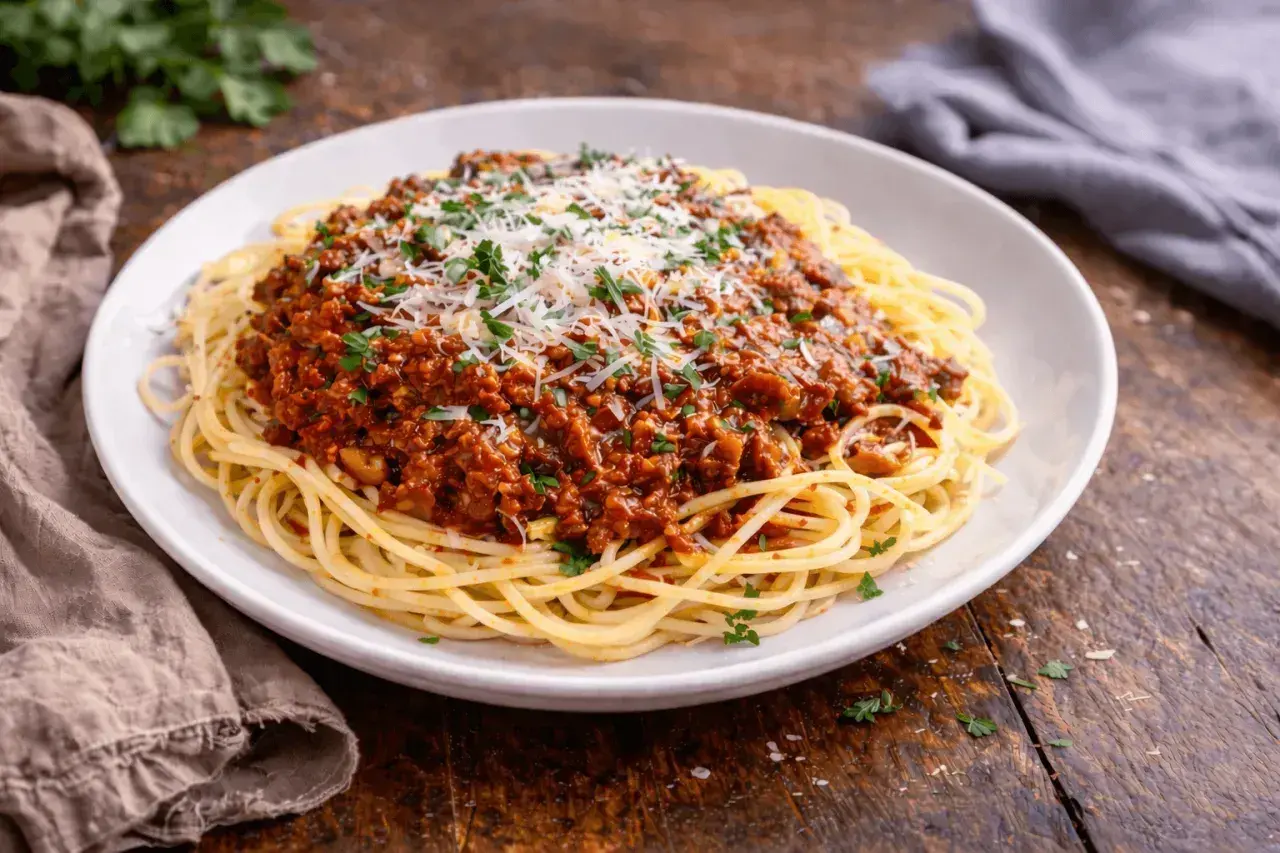 Pyszne spaghetti bolognese, idealne na prosty przepis. Danie posypane parmezanem i natką pietruszki.