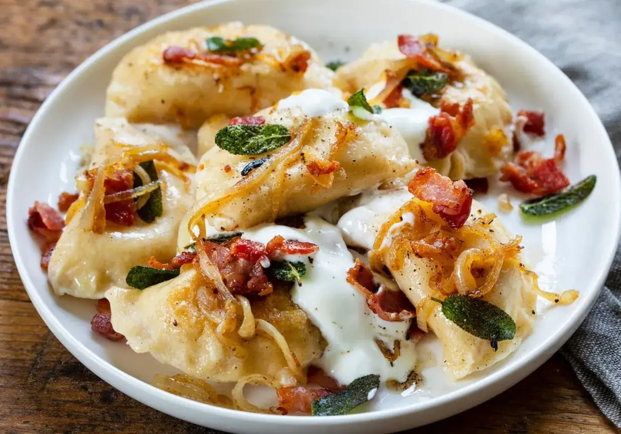 Pyszne pierogi ruskie z boczkiem i cebulką, polane śmietaną. Idealne, gdy zastanawiasz się, jak zrobić pierogi ruskie.