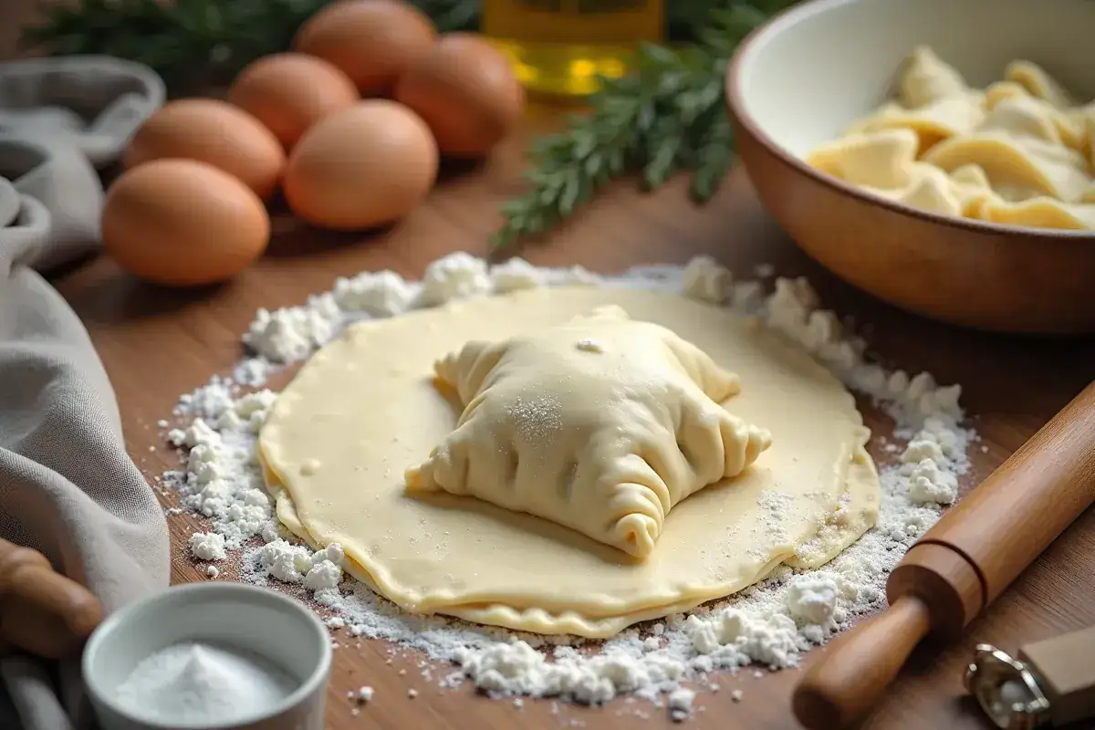 Jak zrobić ciasto na pierogi? Na stole leży rozwałkowane ciasto, na nim pier&oacute;g w kształcie gwiazdy, jajka, mąka i wałek.