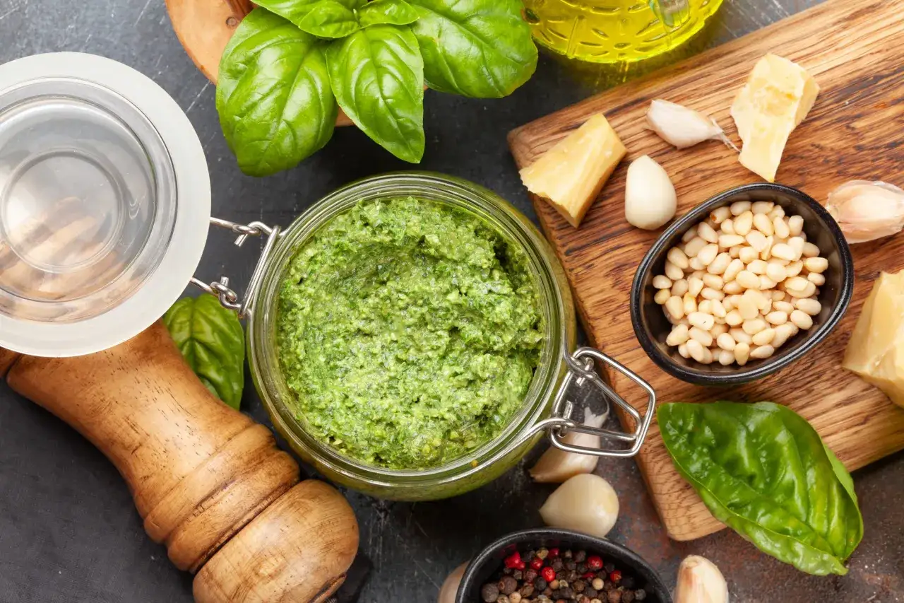 Słoik pesto z bazylii, składniki: orzeszki piniowe, parmezan, czosnek, oliwa. Idealne rozwiązanie, co zrobić z bazylią na zimę.