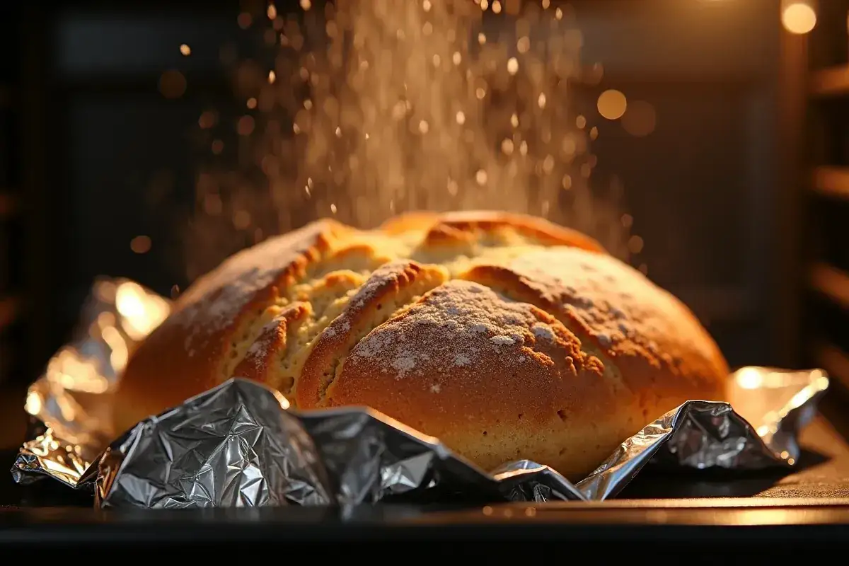 Złocisty bochenek chleba w folii aluminiowej, posypany mąką, w trakcie pieczenia. Idealny spos&oacute;b, jak podgrzać chleb w piekarniku, by był chrupiący.