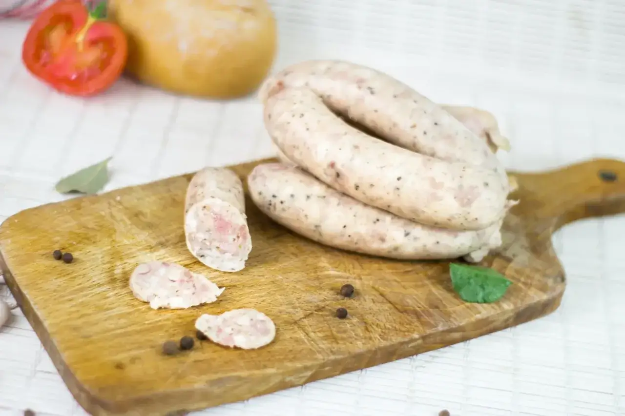Biała kiełbasa na desce, obok pomidor, czosnek i przyprawy. Zastanawiasz się, ile czasu moczymy jelita do kiełbasy?