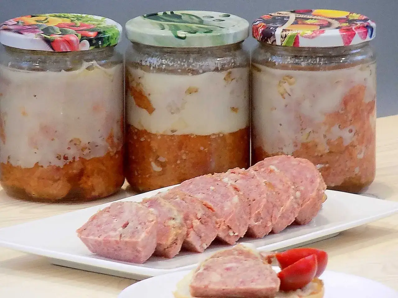 Trzy słoiki z domową kiełbasą w galarecie i pokrojona kiełbasa na talerzyku.