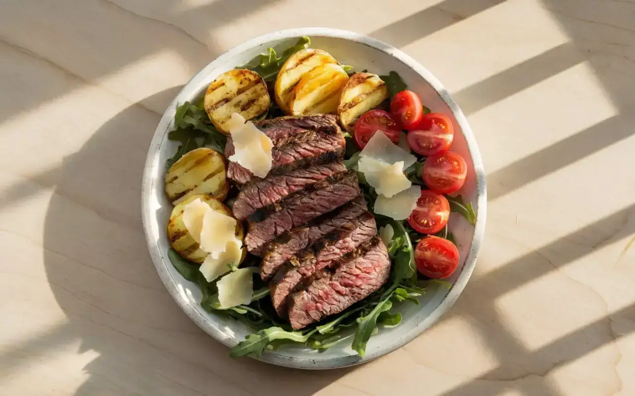 Pyszna tagliata z soczystej wołowiny, podana z grillowanymi ziemniakami, pomidorkami koktajlowymi i parmezanem na rukoli.