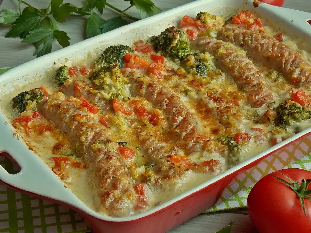 Biała kiełbasa w sosie chrzanowo-musztardowym z brokułami i papryką, zapieczona pod serem. Pyszne danie obiadowe.